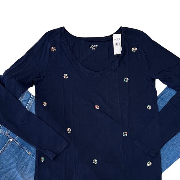 NWT LOFT Navy W/Multicolored Sequin Clusters Long Sleeve V-Neck T-Shirt -SIZE XS - Picture 2 of 8